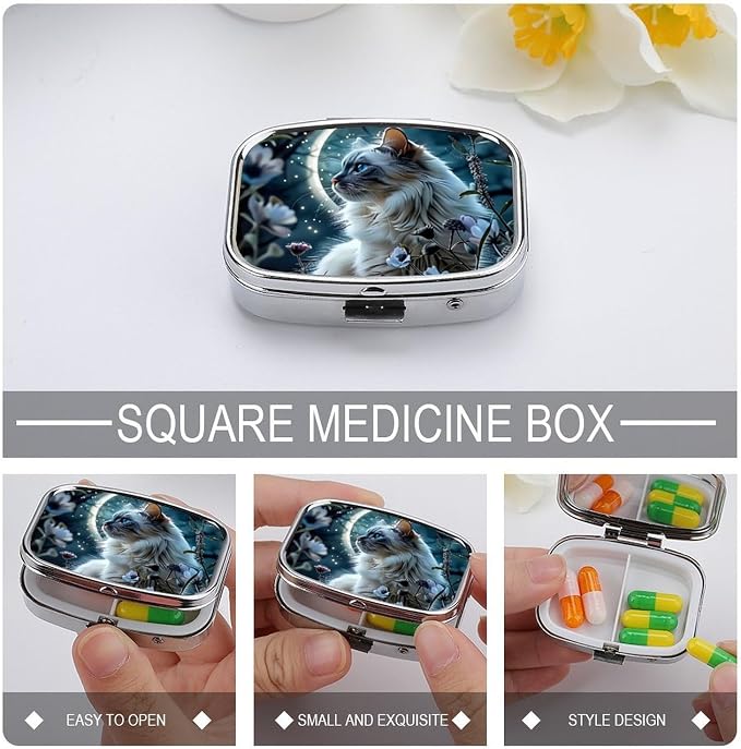 White Cat Pattern Durable Metal Pill Case for Daily Use, 2 Slot Medicine Box Organizer,Leak Proof Travel Pill Container for Vitamins, Compact Pocket Medicine Holder for Seniors,Holiday Gift
