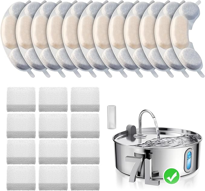 Smartoo Official 12 Packs Dog Water Filter Replacement and 12 Sponges with 1 Pump Holder for 7L/236oz/1.8Gal Stainless Steel Dog Water Fountain