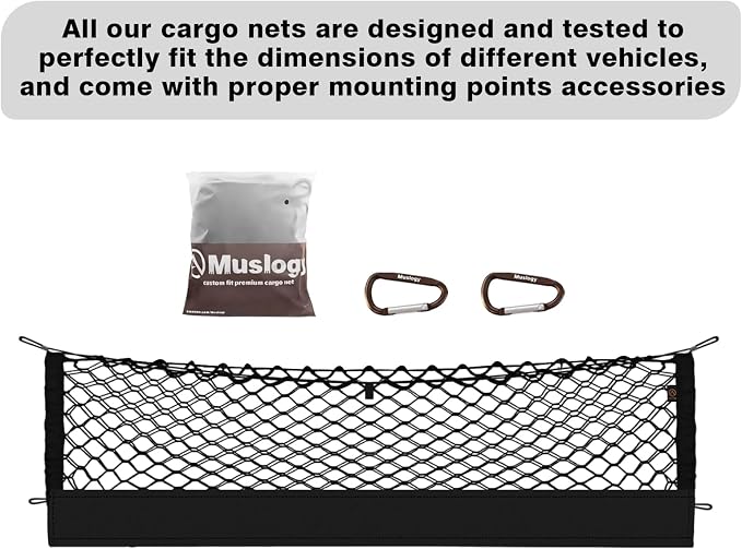 Muslogy Cargo Net for 2015-2020 Chevy Suburban | GMC Yukon XL Accessories | Custom Fit, Trunk Storage Organizer Net for SUV Sedan Van Divider, with Heavy Duty Carabiners, Night Visible Grab Handle