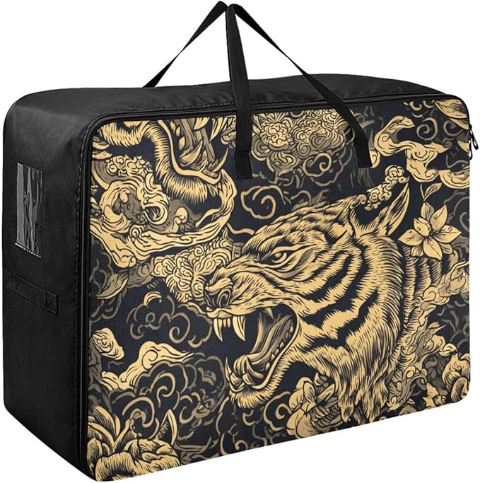 Comforter Storage Bags Large Folding Blanket Organizer Bag with Strong Handles Clear Window Closet Storage Containers for Clothes King Queen Pillows Bedding Quilt Duvet Tigers Tattoo Gold