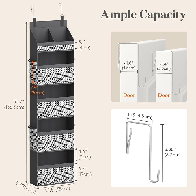 Lifewit 5 Tier Over the Door Organizer, Diaper Hanging Storage, Gray | Nursery Sturdy Large Heavy Duty Back of Door Shelf with 4 Mesh Side Pockets, for Baby Stuff Toy in Pantry, Laundry, Bathroom