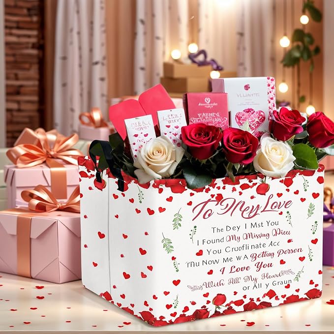 Cute Large Valentine's Day Gift Basket Empty Heart Decor Storage Bin for Kid Baby Room Décor (Rose Petals Love)