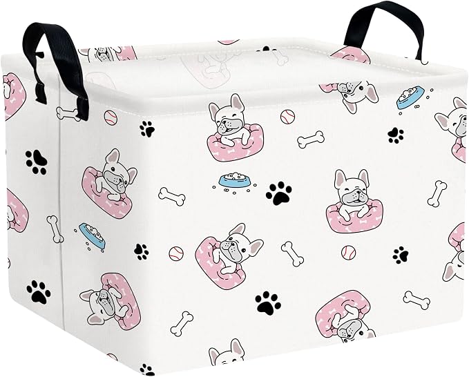 Large Dog Toy Basket Puppy Box Storage Bin (Pink Black) | Holder French Bulldog Stuff Organizer, Room Decor Gifts