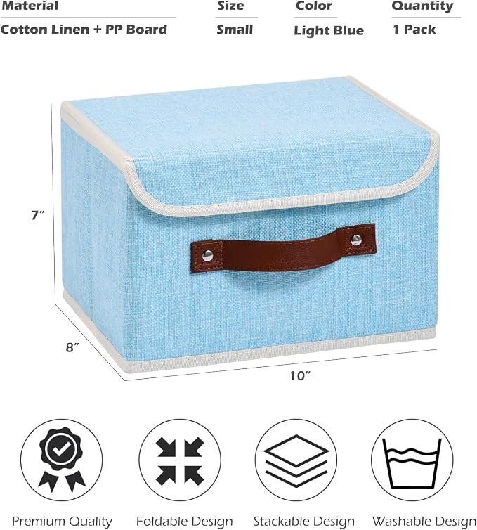 Storage Boxes with Lids Cotton Linen Fabric Bins Baskets | Decorative Collapsible Washable, Clothes Container Organizer for Closet Shelf, w/ Faux Leather Handles, Light Blue, Small
