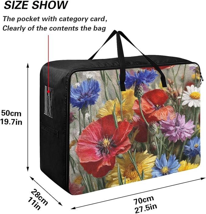Comforter Storage Bags Large Folding Blanket Organizer Bag with Strong Handles Clear Window Closet Storage Containers for Clothes King Queen Pillows Bedding Quilt Duvet Cornflower Poppy Daisy
