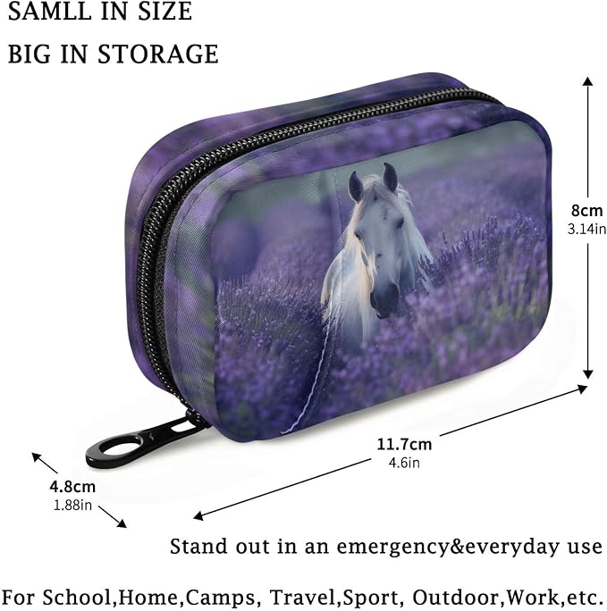 Fustylead Beautiful White Horse in Lavender Flower Field Pill Organizer Case with Zipper 2 Times A Day for Vitamin and Supplement, 7 Day Travel Organizer Medicine Case
