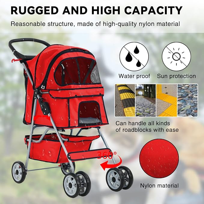 4 Wheels Pet Stroller, Ideal for Small to Medium Pets. Features a Folding Design, Waterproof Construction, Cup Holder, and Removable Liner. Perfect for Jogging or Traveling with Your Pets (Red)