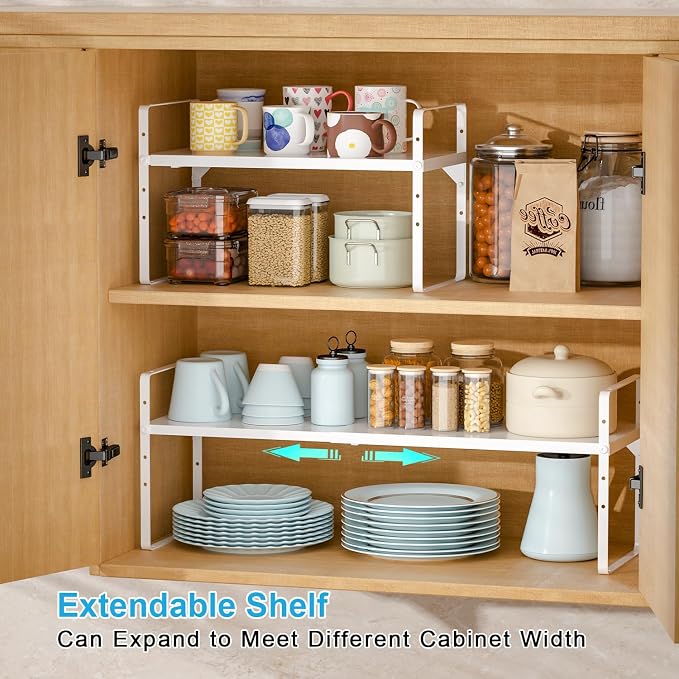 15.5 to 25.5 Inch Kitchen Cabinet Shelf Organizers，Kitchen Shelf Organizer | Adjustable Counter Organizer, Set of 4 Expandable Countertop Storage Shelves, Stackable Design, 30LBS Heavy Duty, Space Saver