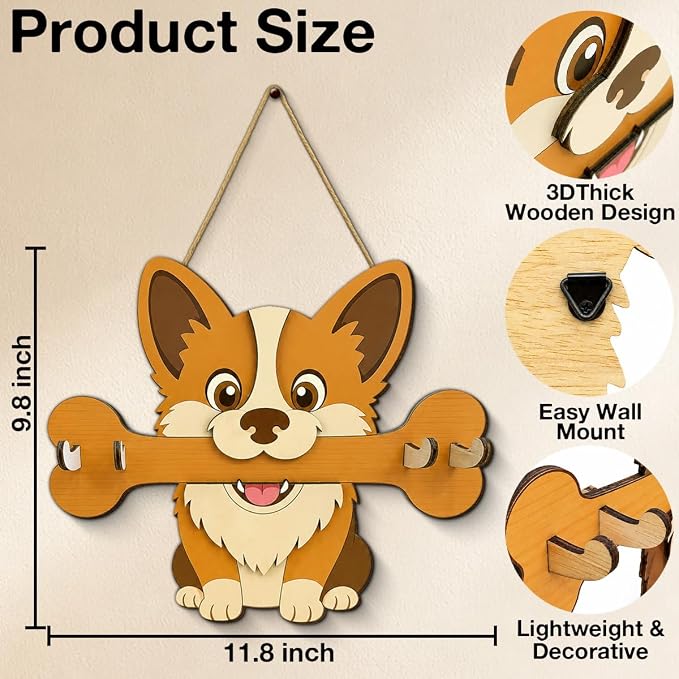 Gifts for Dog Lovers, Cute Dog Leash Holder for Wall, Puppy Key Holder Wall Mount with 4 Keys Hooks, Wooden Key Hooks for Collars, Entryway Garage Living Room Kitchen Mudroom
