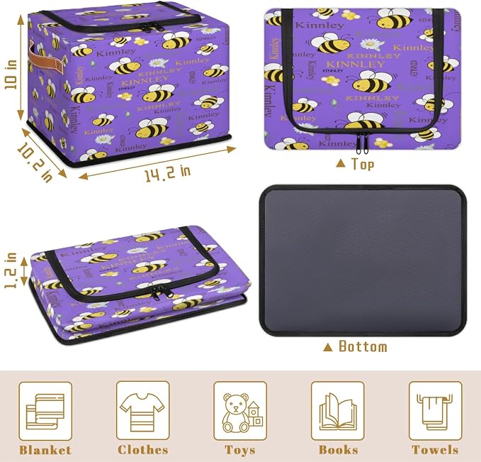 Custom Rectangle Storage Basket Zipper Lid, Personalized Name Medium Purple Organizer Bin for Pet/Children Toys, Books, Clothes, Perfect for Rooms/Playroom, Bee with Daisy Floral