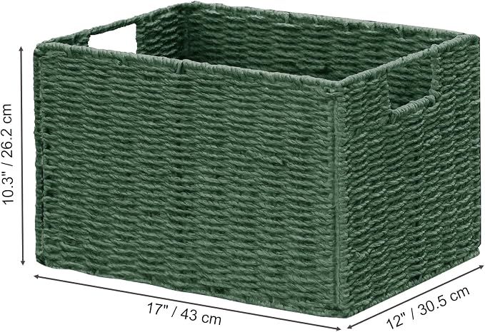 Vagusicc Large Wicker Storage Basket, Collapsible Baskets for Organizing | Set of 2 Hand-Woven Paper Rope Wicker Basket, 17"x 12" Closet Organizers and Storage with Handles Home Organization, Green