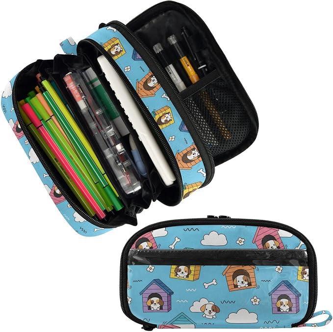 Cute Pets Puppy Blue print Large Capacity Pencil Case with Zipper Water Resistant Portable Organizer Pen Bag for Students Office School