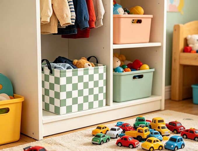 Rectangular Kids Basket Baby Girl Basket Fabric Storage Bin Organizer Box Room Decor(Green Checkered)