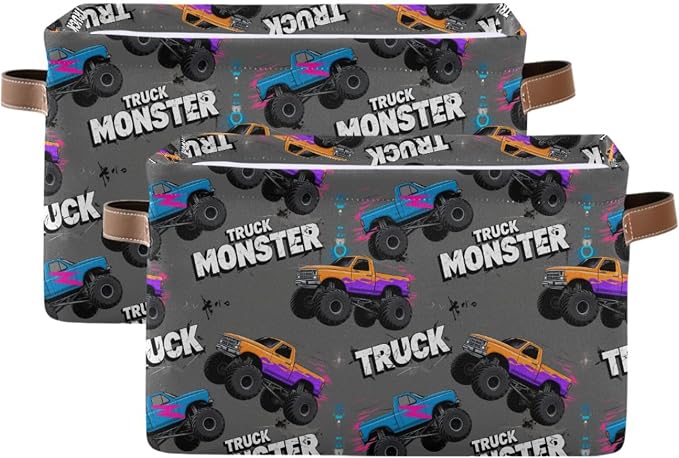 Wamika Monster Truck Black Red Blue Storage Basket Fabric Toy Baskets Racing Cars Boys Open Home Storage Bins Boxes Foldable Organizer Bag for Toy Book Shelf Closet Baskets 16×12×8 Inches 2 Pack