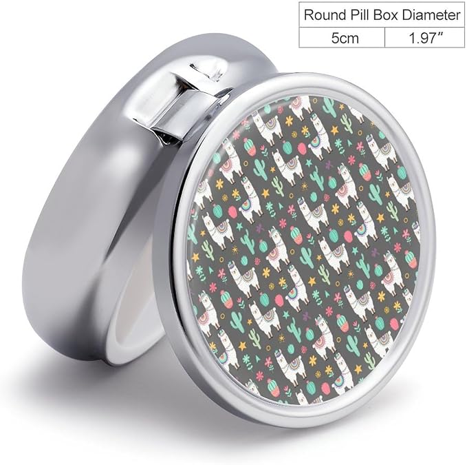 Round Portable 3 Compartment Pill Case Cartoon Llama Alpaca, Metal Pill Holder for Outdoor Travel Picnic Medication