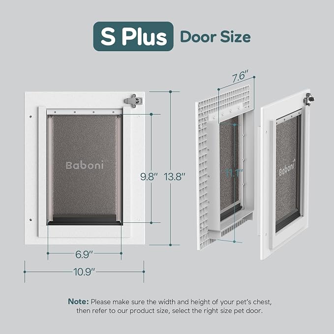Baboni Dog Door for Door,Durable Plastic Frame,Small(Plus) | Pets Up to 20 Lb,for Interior and Exterior Doors,Aluminum Lock,Metal Panel,Strong Magnetic Flaps, Never Rust