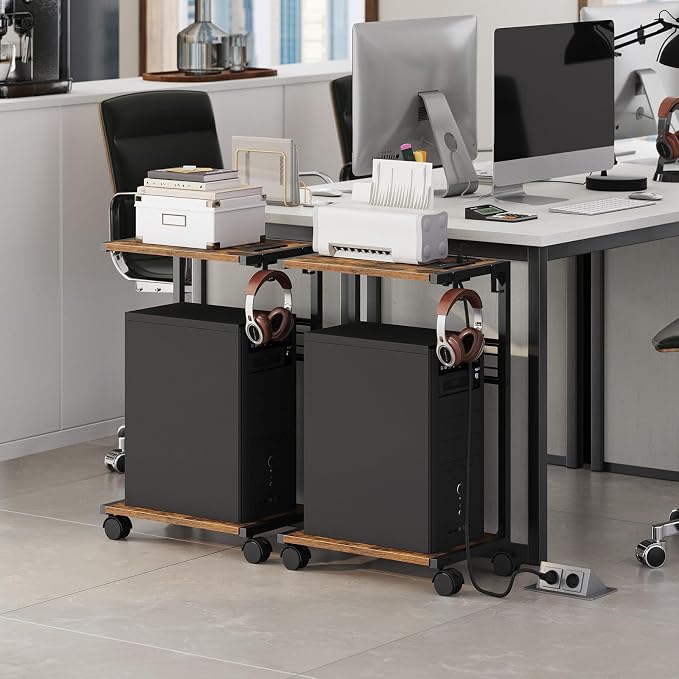 PC Stand, Computer Tower Stand with Charging Station, 16.9"W x 11.4"D x 27.6"H, Computer Cart with Wheels and Hooks, CPU Holder for Carpet, Floor and Under Desk, Easy Assembly, Rustic Brown