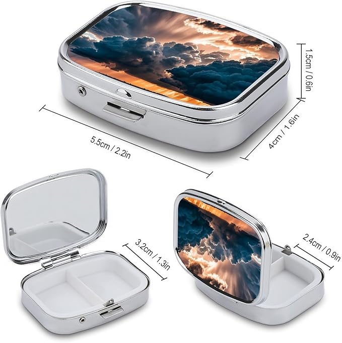 Magnificent Rainstorm Cloud Pill Box 2 Compartment Medicine Pill Case Portable Pill Organizer for Pocket Or Purse Decorative Metal Medicine Vitamin Organizer