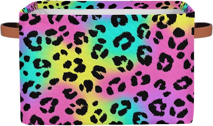 Leopard Basket Storage Bins Rectangle Canvas Basket Cube Storage Box | Nursery Foldable Basket with Handle for Kids Girls Boys Toys Living Room Closet Organizer Shelf Gifts Rainbow Neon