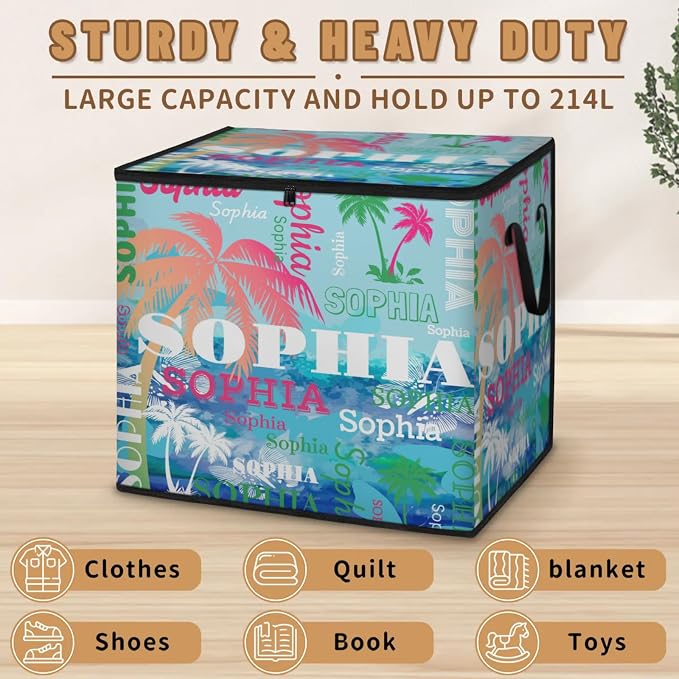 Personalized Name Foldable Storage Basket Cubes with Lid, Laundry Hamper Dirty Clothes Storage Bin with Handles for Shelf Home Closet Kitchen, Painted Blue Butterflies with Pink Green Tropical Trees
