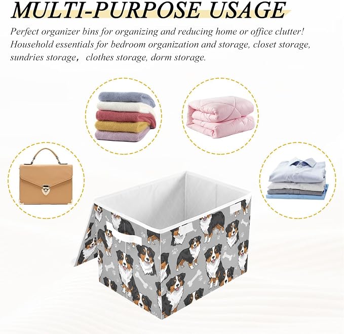Dog Bone Paw Print Storage Bins with Lids Closet Bedroom 40L Fabric Bin | Decorative Storage Boxes, Foldable & Stackable, Dust-Proof Flip Top, Reinforced Handles, For Home & Dorm, Clothes & Toy Box