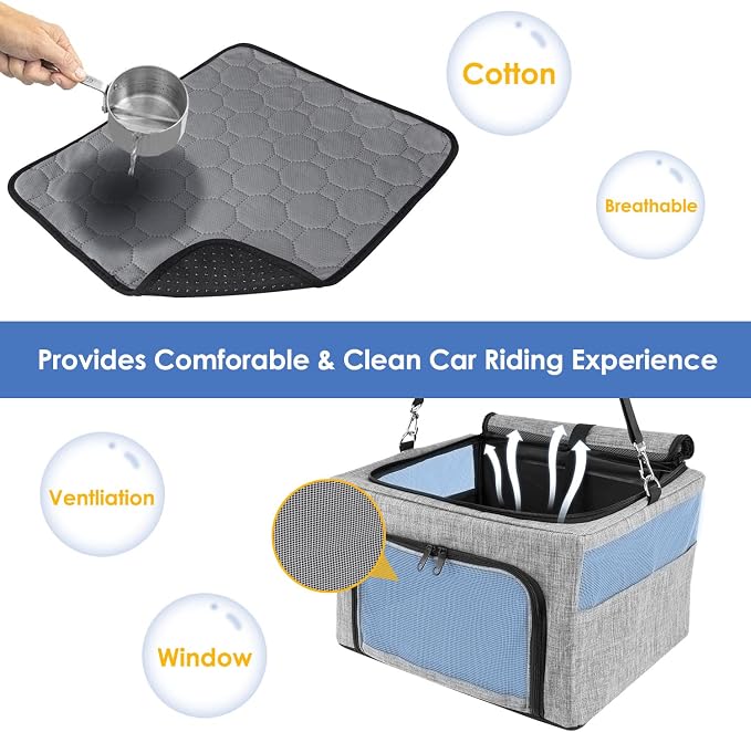 SlowTon Dog Car Seat - with Reinforced Metal Frame for Pets up to 15lbs | Safe Pet Car Seat with Safety Belt & Waterproof Pee Pad & Top Cover, Portable Collapsible Puppy Carrier Bag for Small Dogs