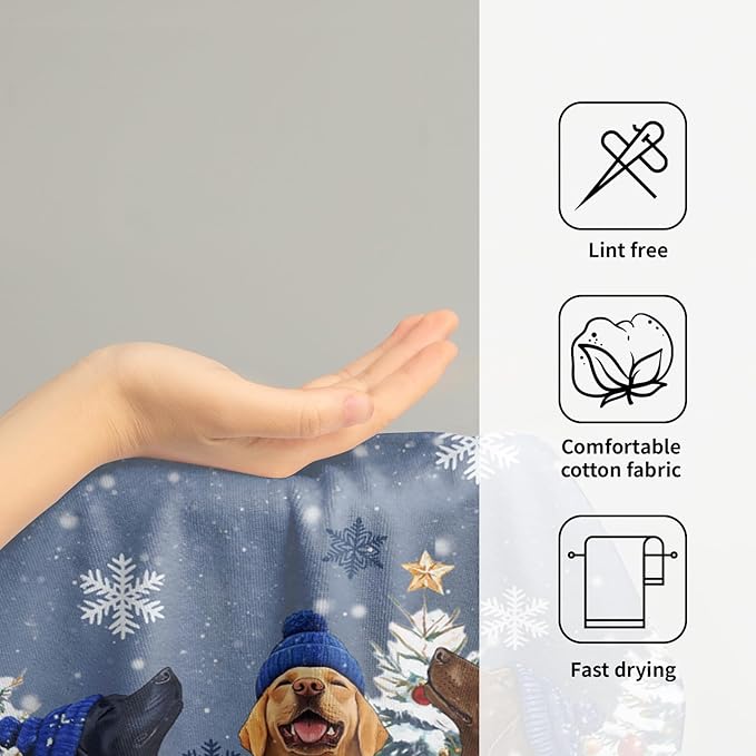 Giwawa Winter Dog Towel Set of 2, Christmas Trees Snowman Presents Funny Puppy Decorative Hand Towels, Xmas Snow Scene Soft Microfiber Face Towel Washcloth for Bathroom Guest Gym Spa Hotel