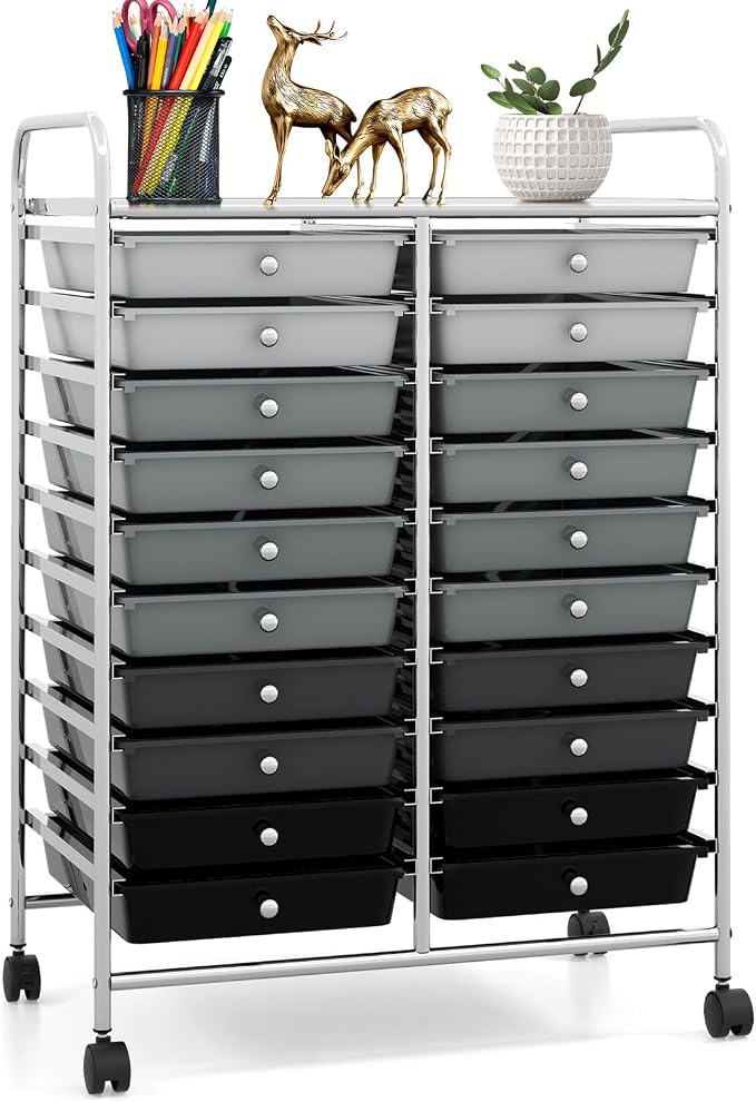 20 Drawer Rolling Storage Cart, Art Cart Organizer with Wheels for Makeup, Tool, Paper, Multipurpose Craft Storage Cart with Drawers for Office, Home, Classroom, School (Gradient Grey)