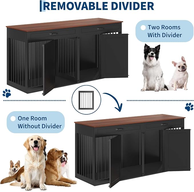 71'' Double Dog Crate Furniture for 2 Dogs, Dog Crate with 2 Drawer | Farmhouse Dog Crate TV Stand with Removable Divider Dog Kennel Furniture, Heavy Duty Dog Cage and TV Stand for Large Mediu