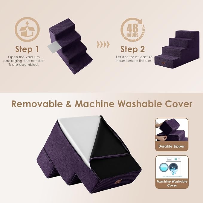 EHEYCIGA Dog Stairs for Bed 20" H, 4-Step Extra Wide Dog Steps, Purple | Pet Steps for Small Dogs and Cats for High Bed, Non-Slip Balanced Pet Ramp Indoor