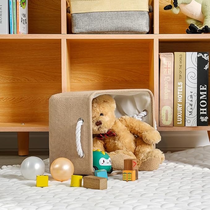 Storage Bins for Shelves - Medium 3Pack 13.8L*9.8W*6.7H inch Canves Storage Basket for Organizing, Fabric Storage with Handles for Clothes Baby Dog Toys(Beige)