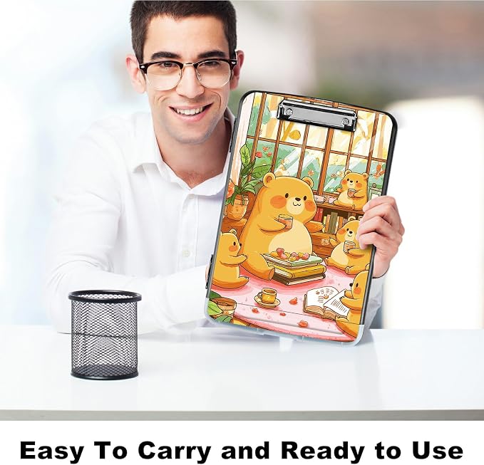 A4 Clipboard with Storage Pen Holder, Clipboards Organizer Nursing Clipboard Foldable File Folder Plastic Clipboard Folio Clip Board for Office Work Classroom Doctor, Bear Lunch