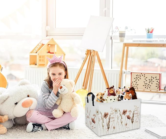 Rectangular Kids Baskets Flower Basket Kids Storage Bins Girls Basket Cute Storage Bin Organizer Box Room Decor for Home(Ink wash flower)