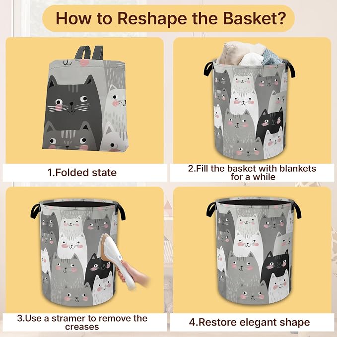 Gray Cats Collapsible Laundry Hamper with Handles,Oxford Cloth Laundry Basket,Storage Organizer for Bathroom Bedroom Laundry Room