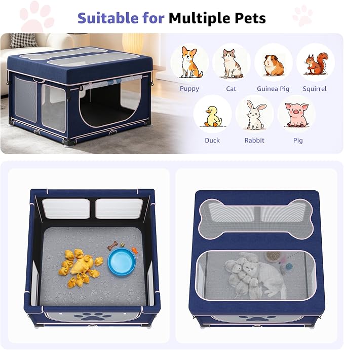 LOOBANI Foldable Whelping Box for Dogs, 1 Min Setup, 43.3"x43.3"x27.1" | Pet Puppy Playpen Indoor With Cover & Waterproof Bottom, Portable Birthing Box For Dog Cat Duck,Sturdy,Patented,Blue+Pink