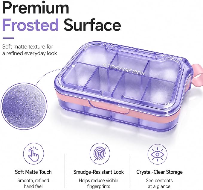 Small Pill Case with Handle, Travel Pill Organizer, Pocket Medicine Box | 7 Compartments Compact Pill Box for Fish Oil Vitamins Supplements Daily Medications, Purse Backpack Office