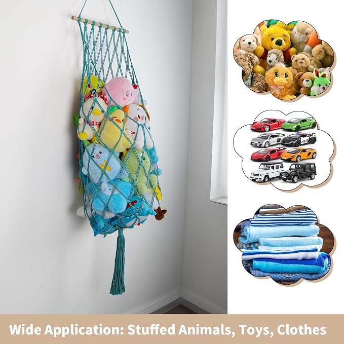 68 Inch Stuffed Animal Storage Hammock Corner Plushie Net,Aqua | Boho Macrame Large Toy Hammock for Stuffed Animals Organizer,Wall Ceiling Over Door Stuffy Storage Holder,Nursery Room Decor