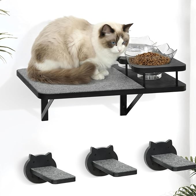 Cat Wall Shelves Furniture Set with 2 Food Bowls, Wooden Cat Climbing Wall Systems with Scratching Pad and 3 Steps, Floating Shelves Bed Perches Wall Mounted for Indoor Fit Up to 15Lbs (Black)