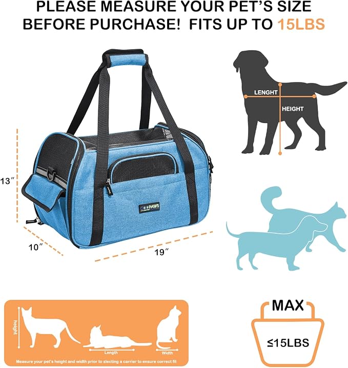 Jespet Airline Approved Soft-Sided Kennel Pet Carrier Travel Handbag | Lightweight, Foldable, Portable, Built-In Safety Leash, Luggage Sleeve, for Cats & Small Dogs, for Indoor & Outdoor
