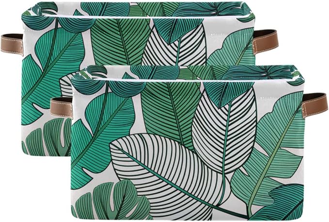 Tropical Leaves Bin - Large Storage Basket for Home Office, 15x11x9.5inch, 2PACK