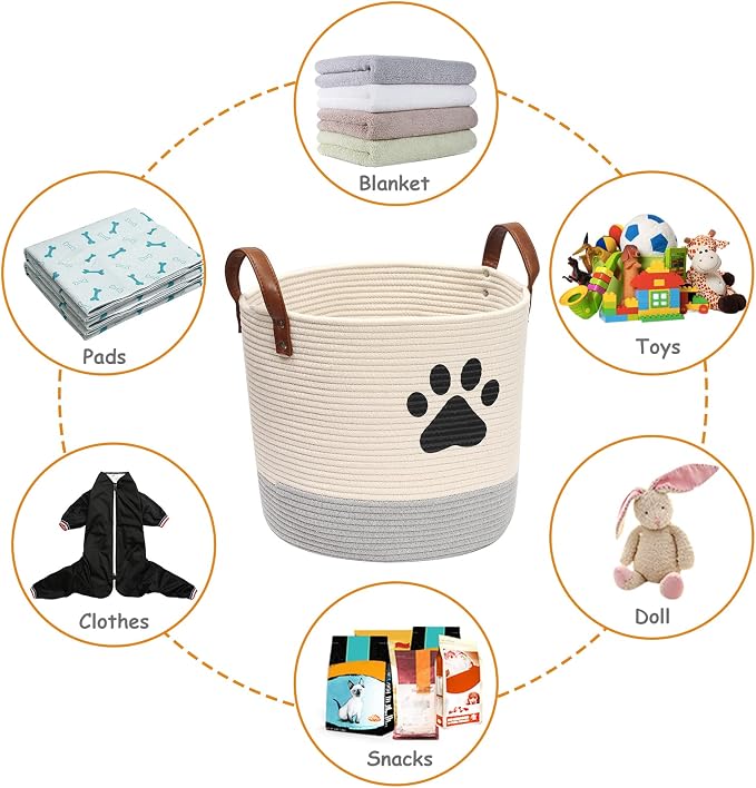 Geyecete Cotton Rope Basket with Leather handle Dog Cotton rope for dogs Laundry Basket Storage Bin dog bin Storage Bins-Natural Woven Basket-Beige/Gray
