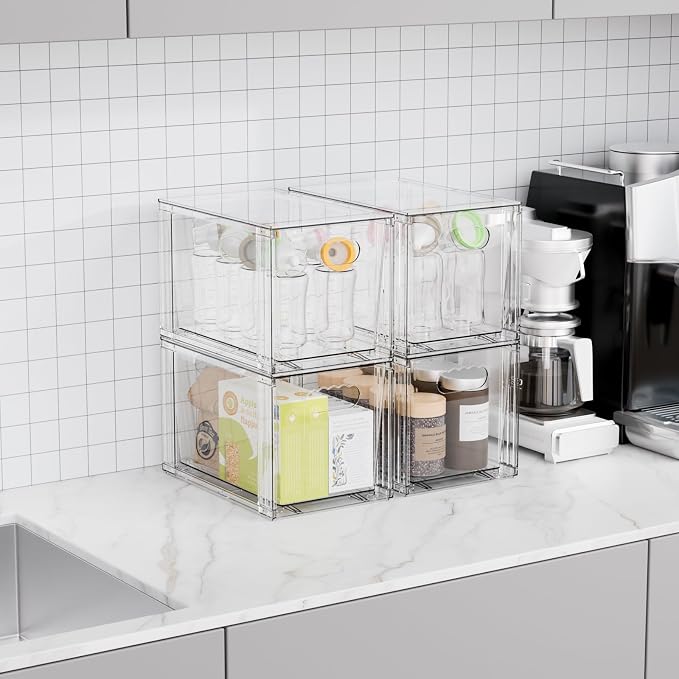 Yieach 2 Pack Large Stackable Storage Drawers,11″Deep Under Cabinet Organizer,Baby Bottle Organizer,Clear Stacking Pull Out Drawer,Acrylic Storage Containers Bins for Organizing Snack,Medicine,Makeup
