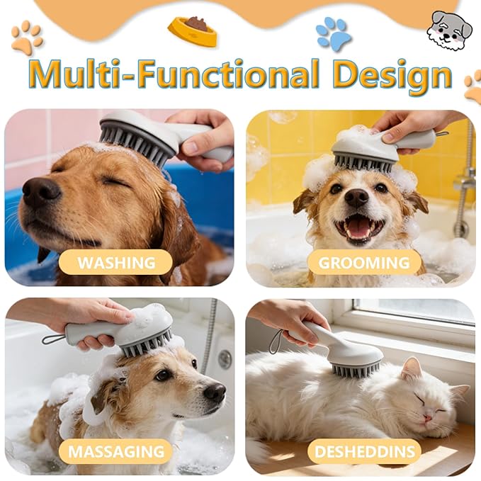 Dog Bath Brush & Massager, Dog Cleaner & Cat Grooming Brush, Silicone Shampoo Scrubber for Dogs & Cats, Rubber Curry Brush for Bathing, Washing & Shedding Care