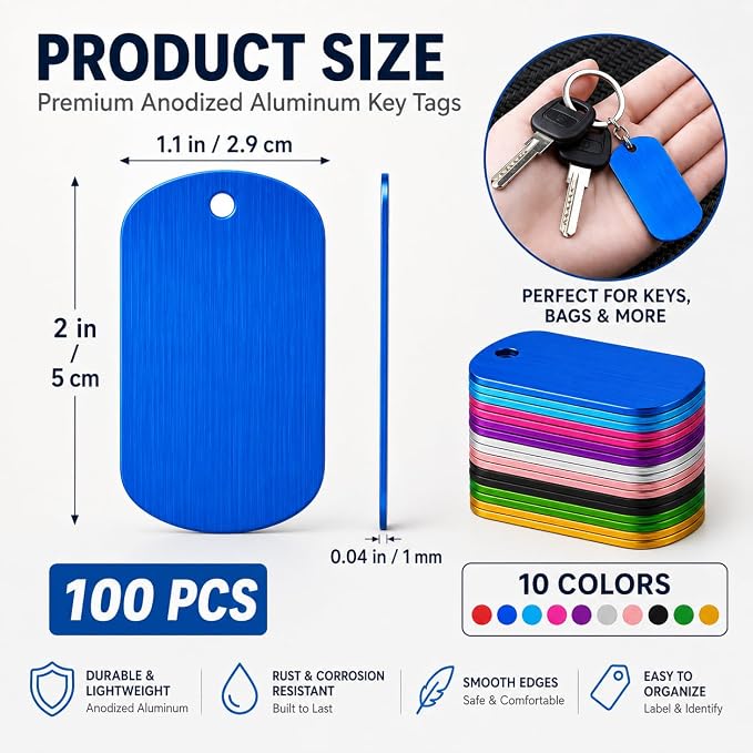 100 Pack Blank Dog Tags, Aluminum Dog Tag Blanks | 1.97 x 1.14 in Metal Stamping Blanks with Hole for Engraving, Pet Tags and DIY Crafts, 10 Colors