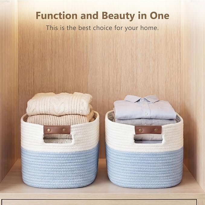 ECDYQXVU 15x10x9 Woven Cotton Rope Storage Basket, Leather Handles 3 Pack | Foldable Design, Sturdy PU Handles, Easy to Clean Organizer for Living Room, Closet, Shelves, Bedroom, Laundry, Clothes