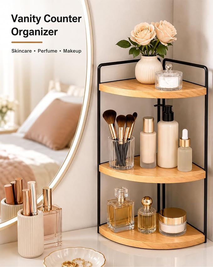 3-Tier Corner Bathroom Countertop Organizer, Solid Pine Wood Vanity Shelf | Natural wood solid pine shelves with 6.3 in clearance for tall bottles, skincare, perfume, and daily essentials.