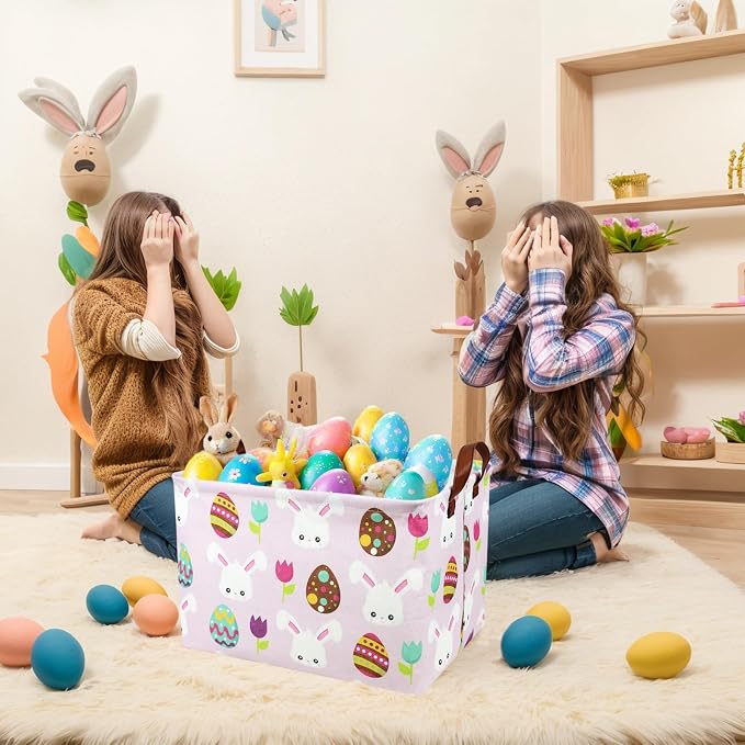 Large Empty Easter Basket for Kid Pink Fabric Personalized Bunny Eggs Easter Gift Basket for Boy and Girl (Rabbit Easter Egg Tulip)