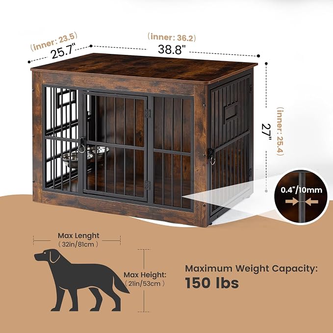 38 Inch Heavy Duty Dog Crate Furniture for Medium Dogs, Decorative Pet House End Table with 3 Doors & Adjustable Bowls, Wooden Cage Kennel Furniture Indoor, Rustic Brown