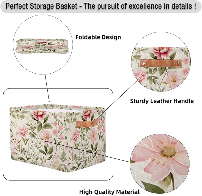 Wild Rose Flower Floral Rectangular Storage Bin Collapsible Storage Basket Organizer Boxes with Leather Handle Storage Cube for Shelves Toy Laundry Nursery 1 PC