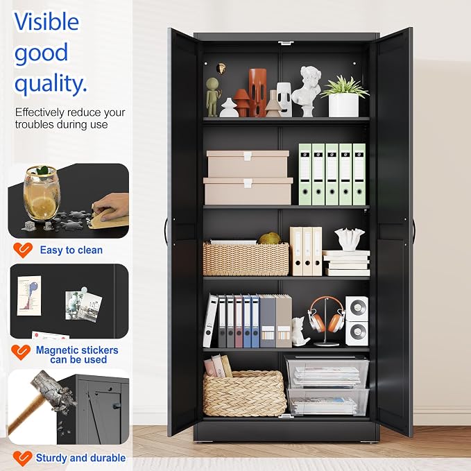 GAIOUS 71" Tall Kitchen Pantry Cabinet,Black Cupboard,Metal Storage Cabinet | with 2 Doors and 4 Adjustable Shelves, Freestanding File Cabinet, 5 Tier Utility Cabinet for Dining Office Bathroom Bedroom